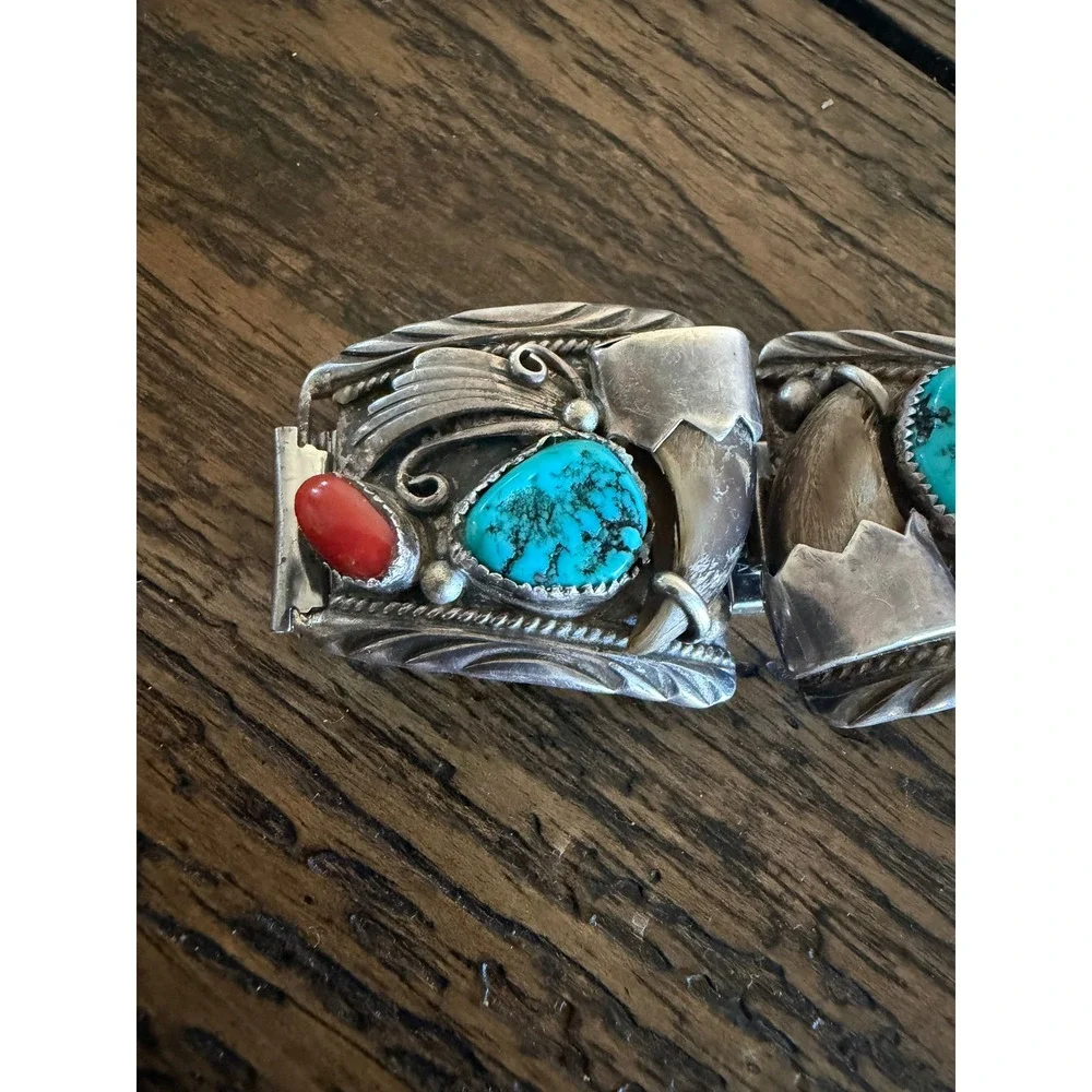 Vintage Navajo Sterling Silver Turquoise Coral Bear Claw Watch Band Old Pawn DDC